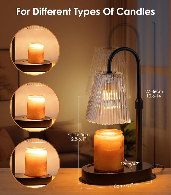 Candle Warmer Lamp - Electric Candle Lamps Warmer with Dimmer Adjustable Height Timer Lamp Candles Warmers Glass Vintage Nightstand Lamp Sets with 2 Bulbs（Grey）