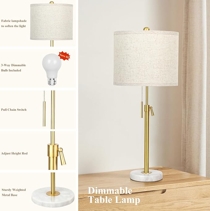 Table Lamp Set of 2: 22" to 30" Height Adjustable Pull Chain Switch for Living Room Bedroom End Table, Marble Base Beige Linen Shade Gold Nightstand Lamp for Office, Bedside Table (Gold, Beige Shade)