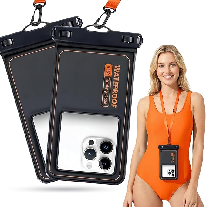Marine IP68 Universal Waterproof Phone Pouch, Floating Waterproof Phone Case for Cellphone Up to 7", Beach Accessories for Vacation Must Haves, 2 Pack-Black/Hi-Vis Orange