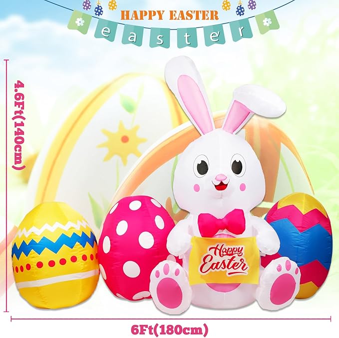 6FT Easter Inflatables Outdoor Decorations, Inflatable Bunny and Colorful Eggs Build-in 5 LEDs, Happy Easter Blow Up Yard Decorations for Home Holiday Party Outdoor Lawn Garden