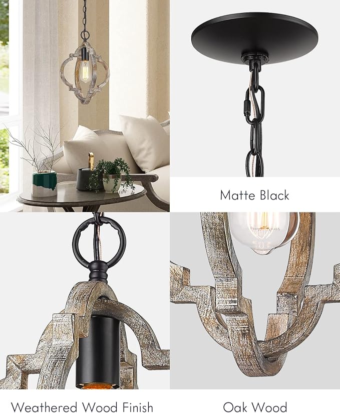 CALDION Farmhouse Pendant Lights, Wood Dining Room Light Fixtures, Adjustable Height Hanging Pendant Lights for Kitchen Island, Foyer, Entryway