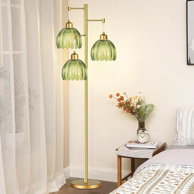 Glass Floor Lamp for Living Room,Bedroom,Gold Mid Century Modern Standing Lamp Brass Tree 3 Light Tall Floor Lamps Vintage Floor Lights Green Tulip Flower Lamp Shade Farmhouse Boho Bohemian
