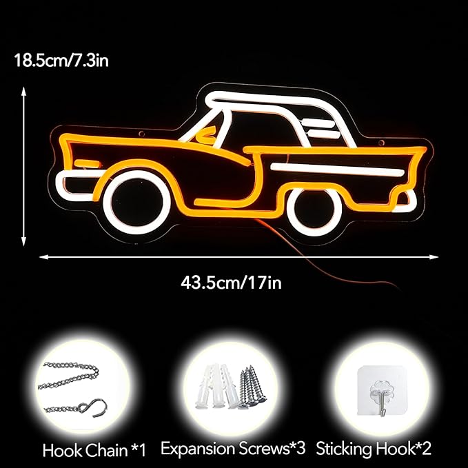 Car neon sign, Golden Yellow + White Led Signs USB Powered,For Bedroom Salon Bar Gym Garage Carpark Decor, Retro Car Led neon light sign(17.1x7.3in)