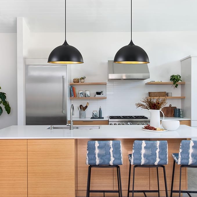 Pendant Lighting for Kitchen Island, 2 Pack 12" Dome Pendant Light Fixtures with Black and Gold Finish Farmhouse Industrial Hanging Pendant Light for Dining Room Restaurant Cafe Entryway