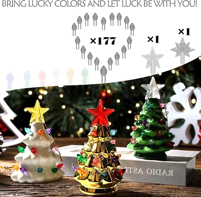 Clear White Replacement Lights Bulbs for Ceramic Christmas Tree, Mini Flame Light Ornaments for Ceramic Tree, Small Twist Pegs Accessories for Crafts, 2 Stars Treetopper＆177 Bulbs Set