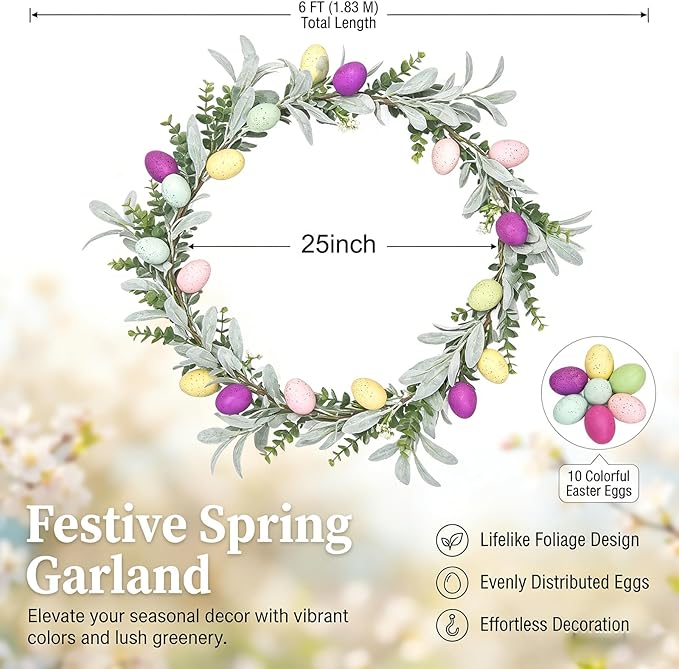 6FT Easter Egg Garlands with Lights for Mantle Artificial Colorful Spring Floral Eucalyptus Garland with LED 3 AA Battery Powered for Home Decoration Indoor Outdoor