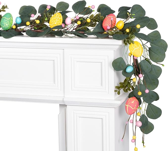Easter Decorations 6FT Prelit Lighted Easter Garland, Eucalyptus Garland with Easter Eggs, Berries & Buds - 20 LED Lights 8 Modes with Timer, Battery Operated for Mantle Door Table Home Indoor Outdoor