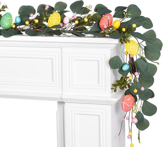 Easter Decorations 6FT Prelit Lighted Easter Garland, Eucalyptus Garland with Easter Eggs, Berries & Buds - 20 LED Lights 8 Modes with Timer, Battery Operated for Mantle Door Table Home Indoor Outdoor