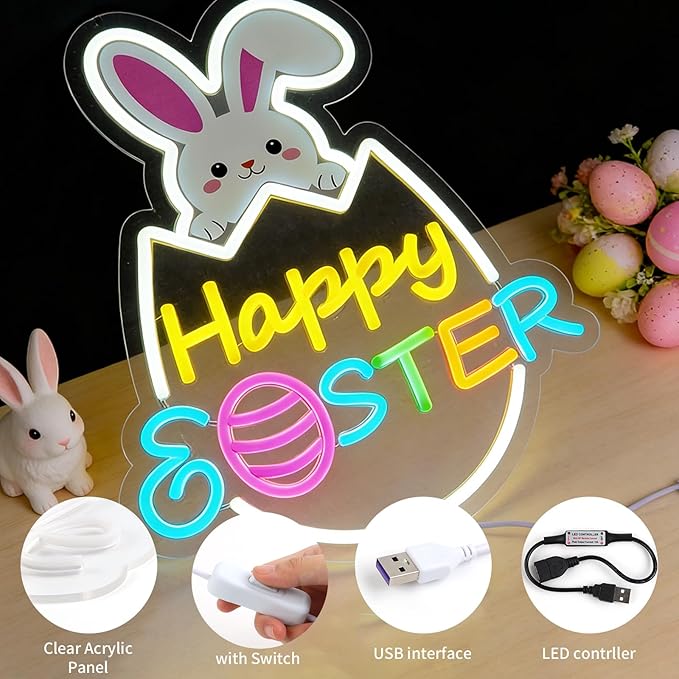 Easter Decorations LED Neon Sign 15 In Happy Easter Neon Sign LED Rabbit Egg Window Lights Home Party Indoor Outdoor Wall Bunny Decor Light Up Sign for Bedroom Easter Birthday Party Decor