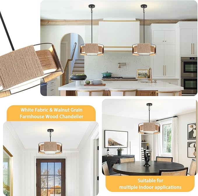 Rattan Chandelier 3-Light, 15.74'' Dual-Layer Shade Rustic Rattan and Metal Wood Grain Round Pendant Light Kitchen Island Lighting Hanging Drum Chandeliers for Entryway Foyer Bedroom Living Room