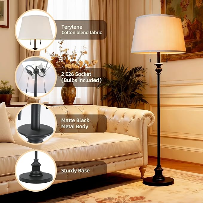 Dimmable Floor Lamp with Remote, Living Room Lamp with APP Control, Black Standing Lamp for Bedroom, 3 Color Temperatures, Stepless Dimming, Farmhouse Floor Lamps for Living Room, 2 Bulbs(included)