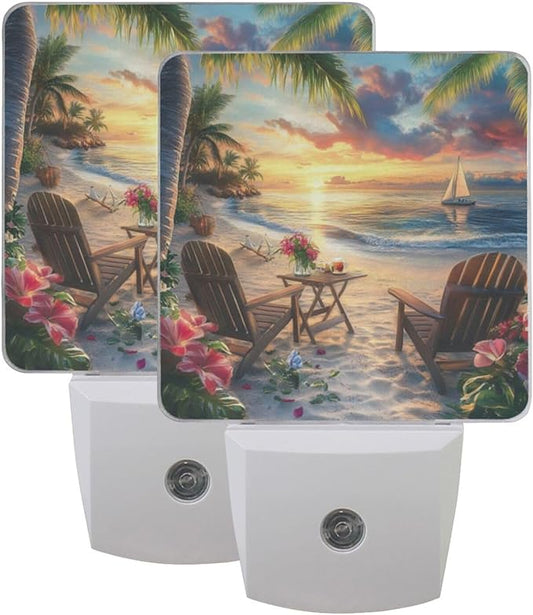 Sunset Beach Night Light 2 Pack Dusk to Dawn Sensor Led Lamp for Women Men Night Lights Plug into Wall Decor for Bedroom Kitchen Corridor, 0.5W