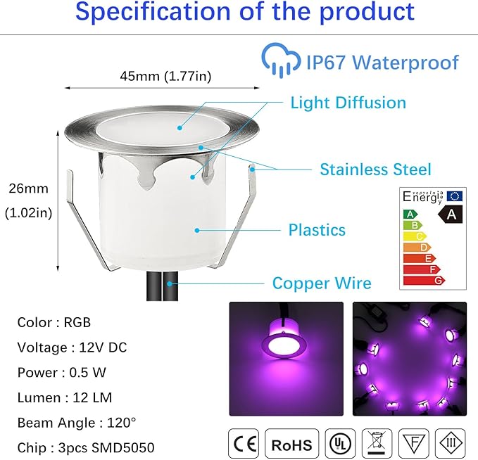 LED Outdoor Deck Lights Kits, Φ1.77in RGB 10 Pack Silver, Low Voltage 12V DC IP67 Waterproof, Multi Color Changing Remote Dimmable, Recessed Stair Step Floor Landscape Lighting