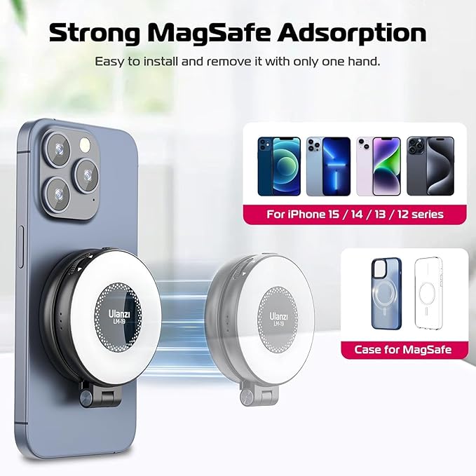 ULANZI Magnetic Selfie Light, LED Fill Light Compatible with Magsafe, LED Selfie Ring Light Included Sticky Ring for Phones, for Selfies/Photography/TikTok/Zoom Calls/Video Conference Color Black