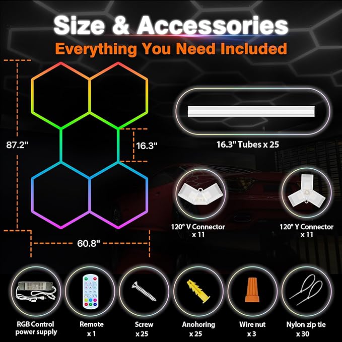 RGB Hexagon Garage Lights, Music Sync LED Hexagon Lights for Gaming Room, Smart App & Remote Control, DIY Honeycomb Ceiling Light for Studio Gym Basement Decor