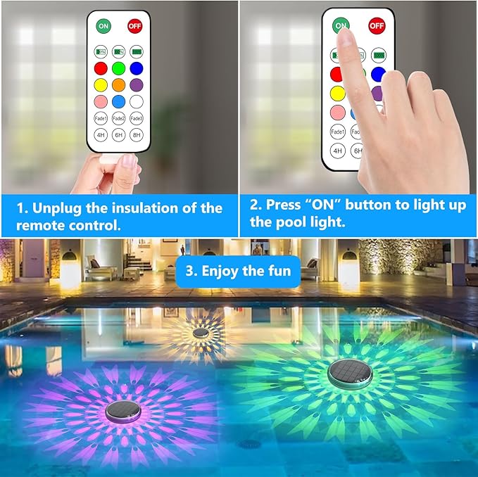 Solar Rechargeable Floating Pool Lights(4 Pack), Pool Lights That Float with Remote Control, 9 Lighting, Timing Mode, IPX7 Waterproof for Inground Pool, Bathroom, Bathtub, Pool Party