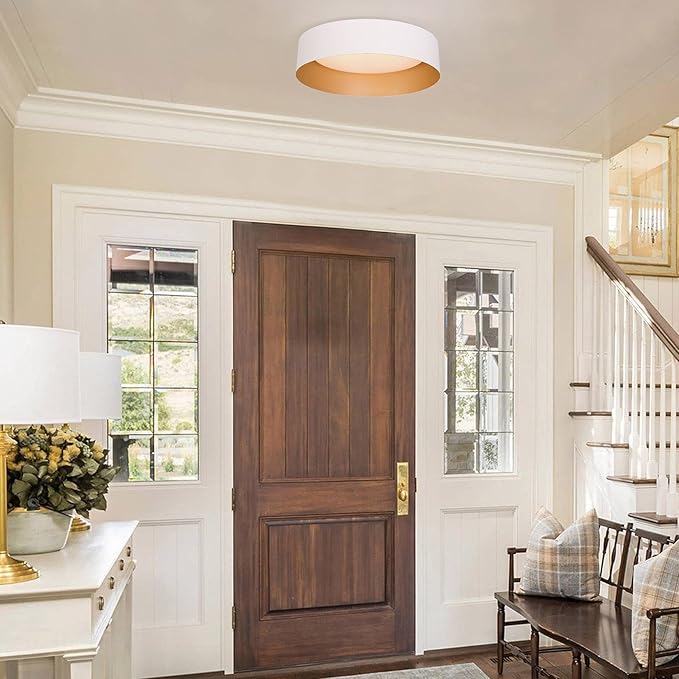 Bargeni LED Ceiling Light Fixture,12.5 inch Flush Mount Light Fixture,Matte White with Gold Inside,Dimmable 3000K/Warm White/18W(100w Equiv.),Outdoor Lighting Fixtures Ceiling for Bedroom and Hallway