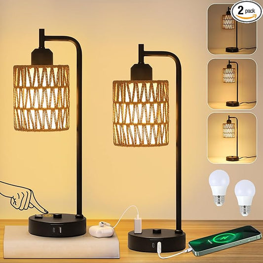 Touch Control Boho Table Lamps Set of 2, 3 Way Dimmable Desk Lamp with LED Bulbs, Rattan Bedside Lamp for Bedroom With Charging Ports and Outlet, Small Nightstand Lamp for Living Room Home Office