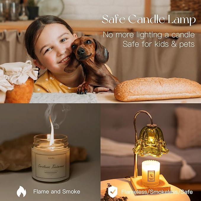 Candle Warmer Lamp with Timer: Green Flower Candle Warming Lamp with 2 Bulbs Height Adjustable Wax Warmer Dimmable Bedroom Decor Mothers Day Gift for Women