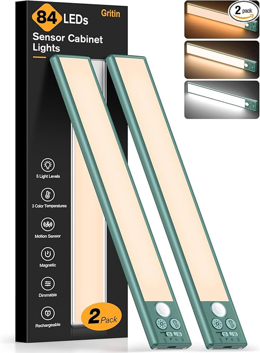 Gritin 10.2inch Under Cabinet Lighting Rechargeable 2 Pack- 3 Color Temps&5 Level Brightness, Super Bright, 4 Modes, Motion Sensor, Long Lasting - Easy Installation Magnetic Under Closet Lights-Green