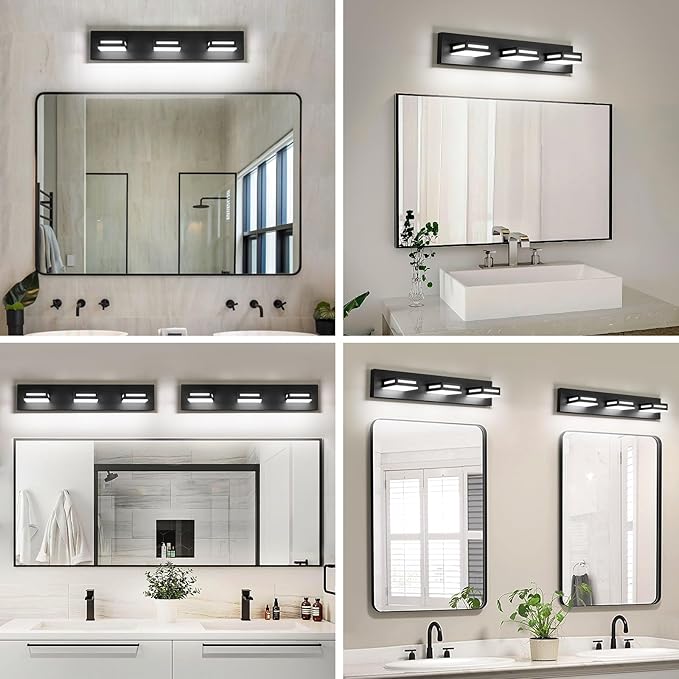 24-Inch 3-Light LED Modern Black Bathroom Vanity Light Fixtures Over Mirror, Bathroom Lighting Fixtures with Cool White 6000K, Vanity Wall Lights for Bath Restroom Powder Room