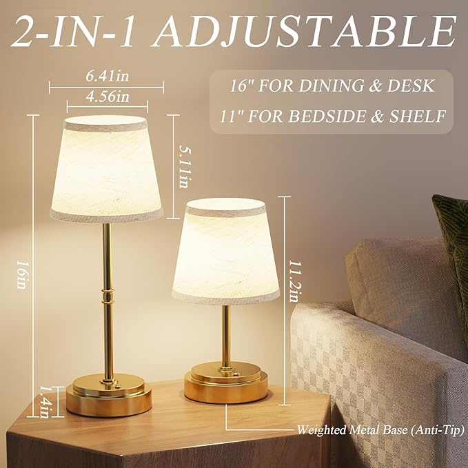 Cordless Table Lamp Rechargeable - Portable LED Desk Lamp for Dining Room,Bedroom,Patio - 2-in-1 Adjustable Height (16"/11") Touch Light - Stepless Dimmable(Warm White) (Antique Brass, 2 Pack)