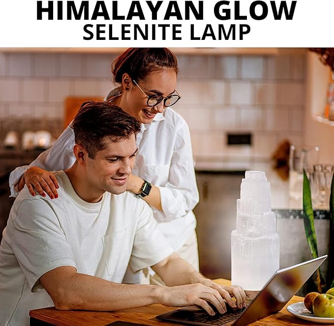 Himalayan Glow Selenite Crystal Lamp 20cm, Moroccan (ETL Certified) Tower Lamp with Wooden Base & USB Charging Cable, Anxiety Relief Healing Crystals for Home Decor