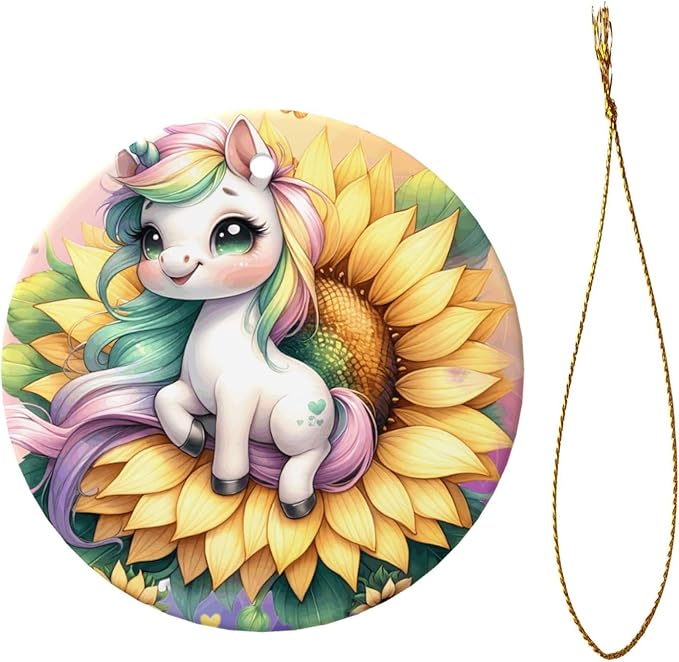 Cartoon Unicorn Sunflower Christmas Ornaments, Christmas Decorations Xmas Tree Hanging Ornaments, Round Ceramic Festive Keepsake Gift for Xmas Decorations Holiday Home Decor