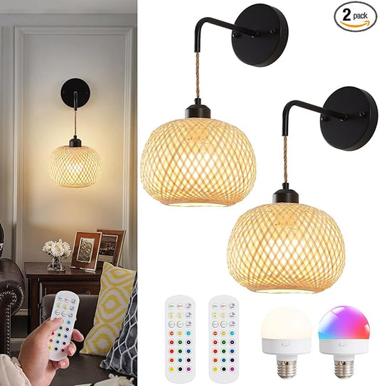 Battery Operated Wall Sconce Set of Two, Bamboo Rechargeable Wireless Sconces with Remote, Dimmable Non-Hardwired Farmhouse Boho Wall Lights for Bedroom Living Room (Black,8 inches)