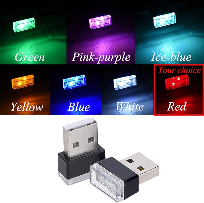 Febrytold 4Pcs Red USB Car Interior Atmosphere Lamps, Universal Mini Led USB Lights for Car Decoration, Lighting