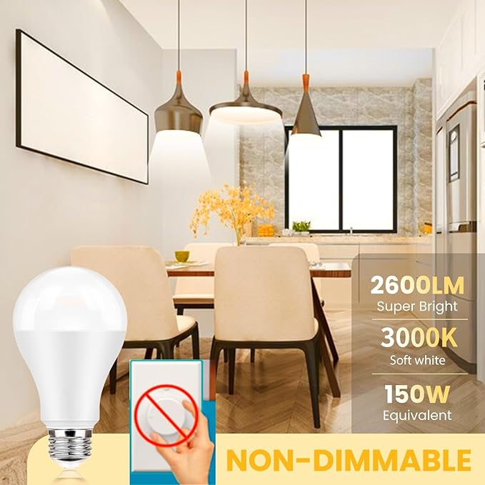 Super Bright A21 LED Light Bulbs, 150 Watt 200 Watt Equivalent, Soft White 3000K, High Lumen 2600lm, E26 Base, Non-Dimmable, 19W Energy Saving Bright LED Bulbs for Home & Office, 6-Pack
