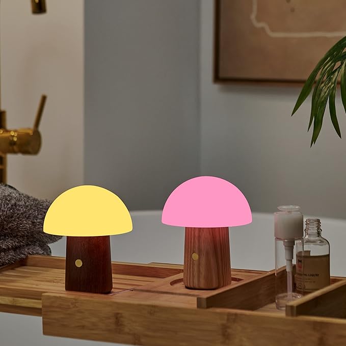 Gingko 7 Colour Changing RGB Alice Mushroom Lamp, Long Life Battery, USB-C Charging, 3 Light Modes, FSC Certified Wood with Frosted Glass, Touch Button Control (Mini, White Ash)