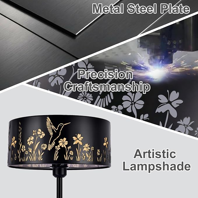 Mid Century Floor Lamp,Unique Hummingbird Floral Black Farmhouse Drum Gothic Floor Lamp with White Parchment,57.67" Tall Metal Rustic Standing Light for Living Room,Bedroom,Home,Office