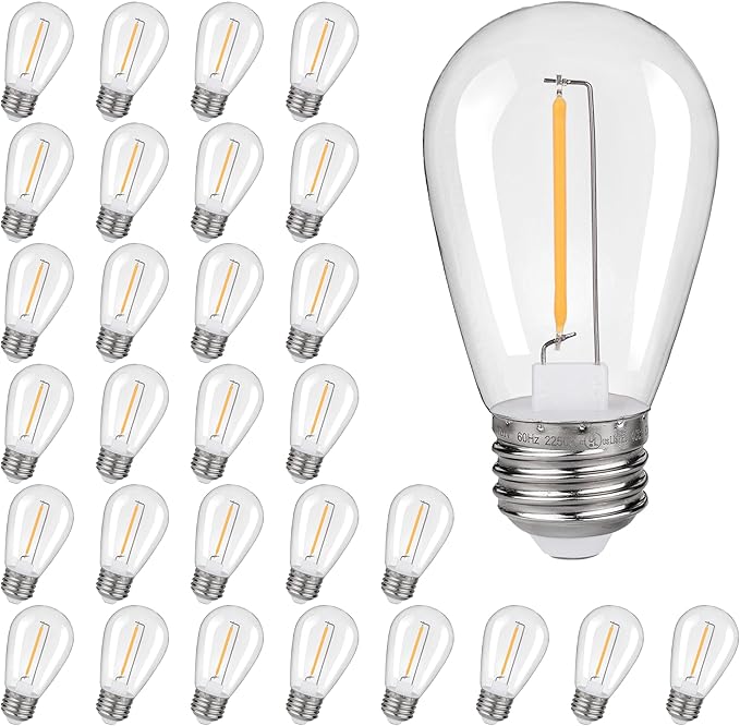 KGC 30 Pack Shatterproof & Waterproof S14 Replacement LED Light Bulbs –1W Equivalent to 10W, White Warm 2200K Outdoor String Lights Vintage Filament Bulb, E26 Base Edison LED Bulbs