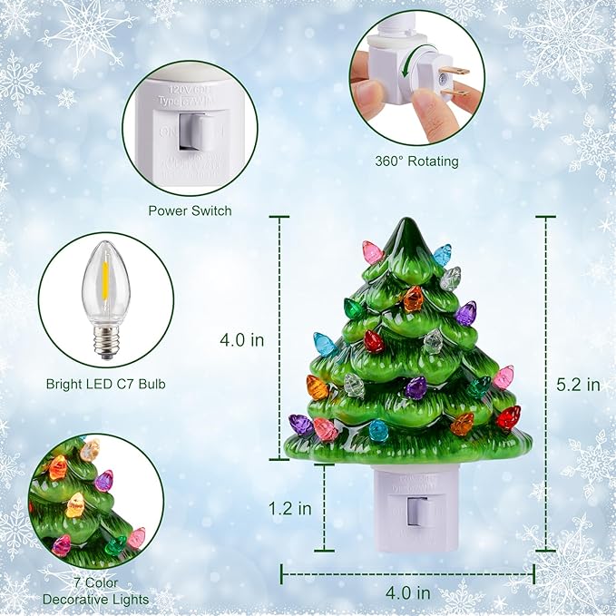 Brightown Ceramic Christmas Tree Night Light - 2 Pack 5.2" Christmas Decorative Ceramic Tree with ON/Off Switch, Vintage Christmas Night Light for Bedroom Bathroom Living Room Porch Holiday Decor