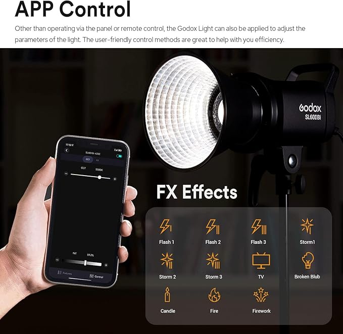 Godox SL60IIBi Bi-Color LED Video Light, 75W 2800K-6500K 25100Lux@1M CRI 96+ TLCI97+ Bowens Mount Photography Continuous Light, 11 FX Effects Studio LED Light with APP Control