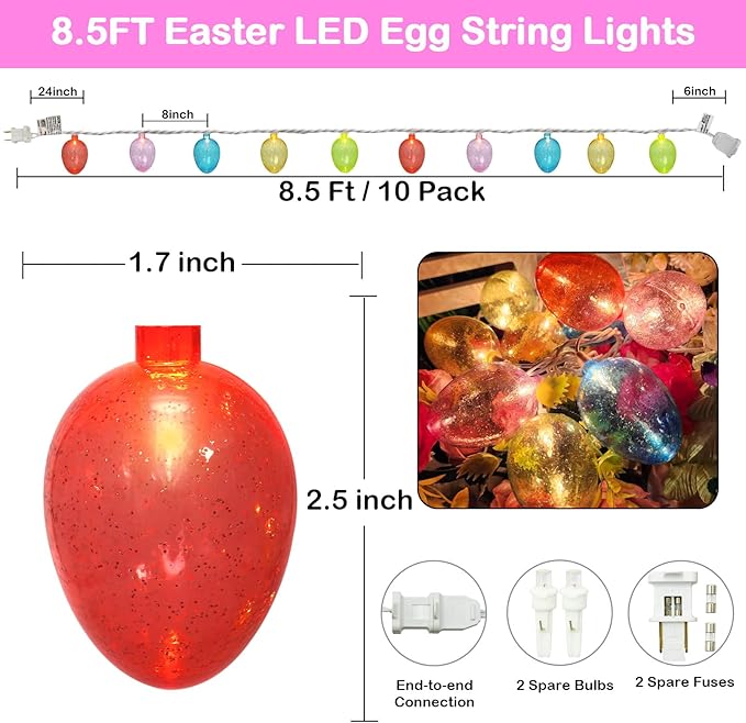 Couah Easter Egg Lights, 8.5Ft Easter String Lights with 10 LED Multicolored Eggs Lights Plug in Waterproof for Indoor & Outdoor Garden Party Home Garden Spring Easter Decorations
