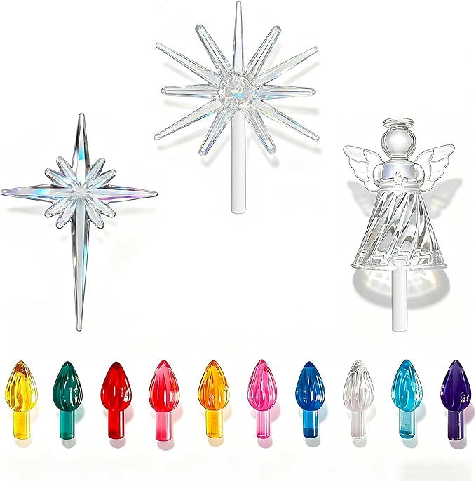 Ceramic Christmas Tree Replacement Lights Bulbs Pegs - Included 3D Moravian Star＆Cross Shining Star＆Blessing Angel Topper
