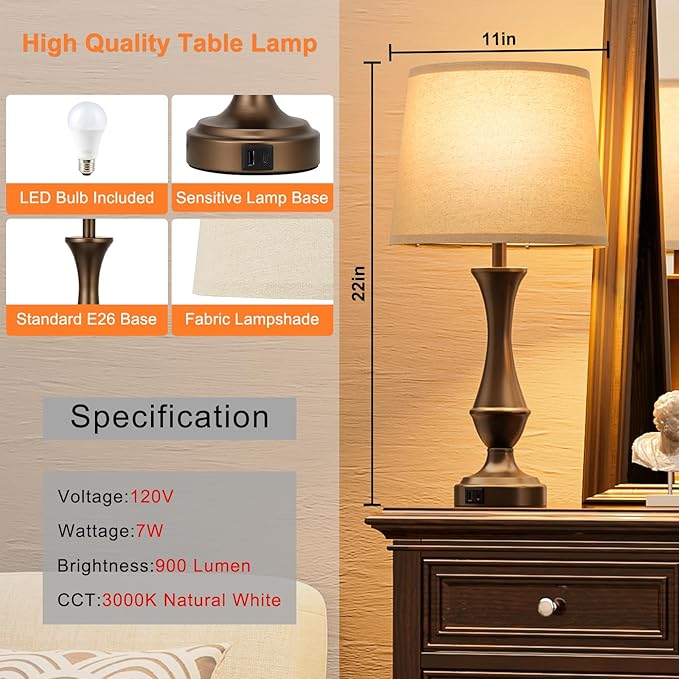 Upgraded Touch Lamps for Night Stands Set of 2 - Bedside Lamps with USB C+A, 3 Way Dimmable for Bedroom Living Room End Tables Office(Brown)