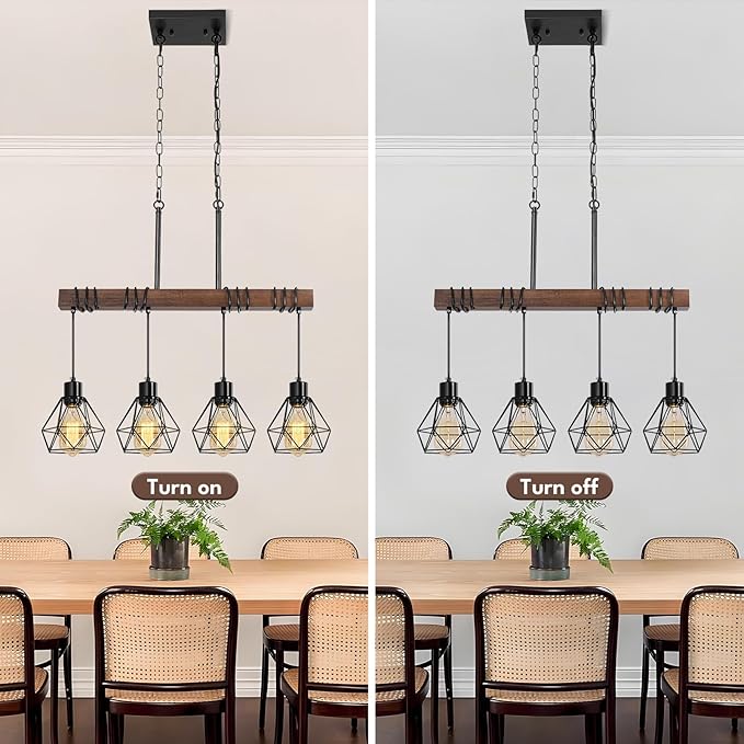 4-Light Modern Farmhouse Chandelier for Dining Room - Black Metal & Rustic Wood Kitchen Island Lighting with Adjustable Height, 29.5" Linear Pendant Light Fixture with Diamond Shades, UL Listed