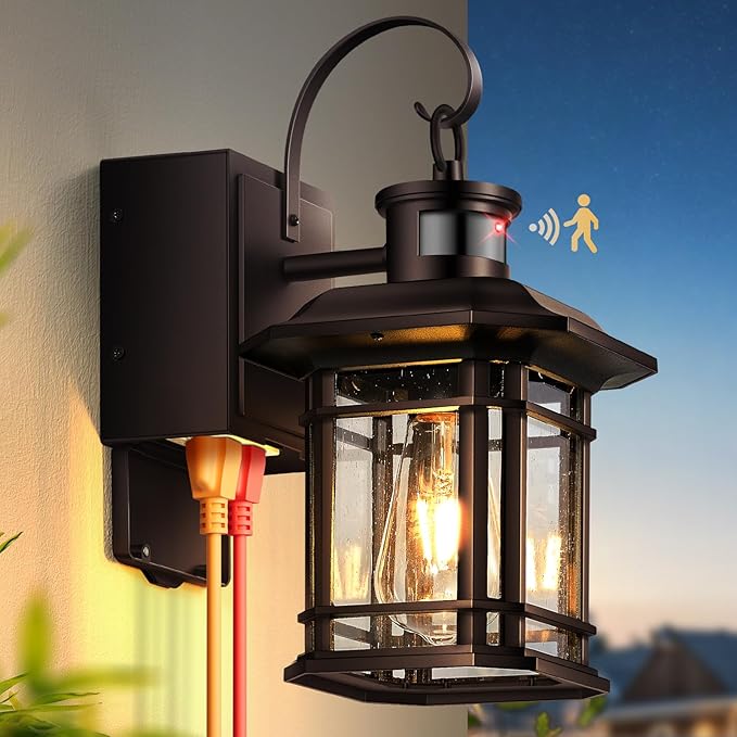 Porch Light with GFCI Outlet, Distance and Time Adjustable Motion Sensor Outdoor Light Fixture with Outlet, Bronze Dusk to Dawn Outside Sconce Lights for House Garden Patio Garage, Waterproof