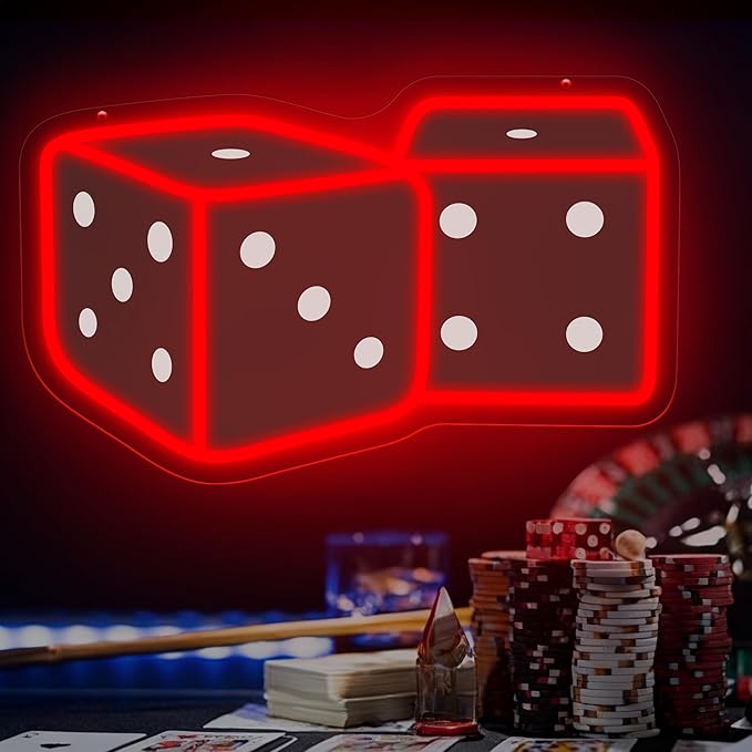 Dice Neon Sign – 14.57″ × 9.45″ Adjustable Brightness Neon Signs for Wall Decor – Red LED Wall Light for Bedroom, Bar, Game Room, and Home Decoration