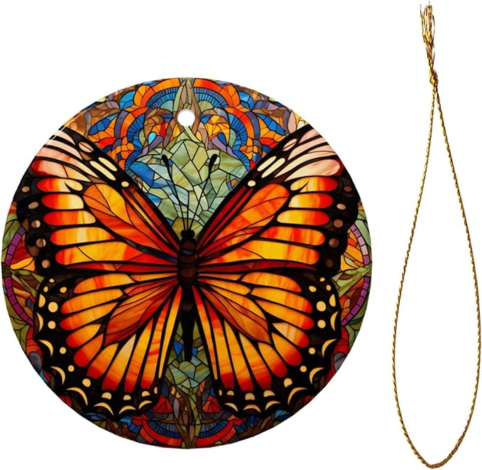 Butterfly Boho Glass Painting Christmas Ornaments, Christmas Decorations Xmas Tree Hanging Ornaments, Round Ceramic Festive Keepsake Gift for Xmas Decorations Holiday Home Decor