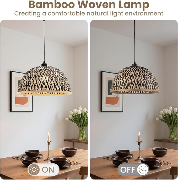 Bamboo Pendant Light Fixture, 9.84 inch One-Light Adjustable Boho Handmade Woven Pendant Lighting for Kitchen Island Dining Room Living Room (Medium)
