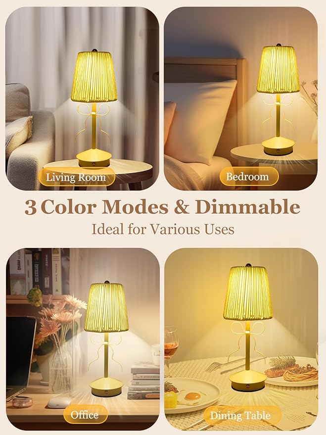 Boho Bow Rattan Table Lamp, Cordless Wicker Woven Vintage Table Lamp - LED Rechargeable Touch Control 3 Color Dimmable Reading Bedside Lamp for Bedroom Living Room Office, Home Outdoor Decor