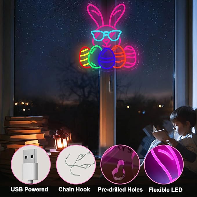 Easter Bunny Egg Neon Signs Decorations, LED Neon Lights Sign for Wall Decor, USB Dimmable Easter Gifts Bunny Wearing Glasses Party Decor for Bedroom Window Door Yard Bar Classroom Church