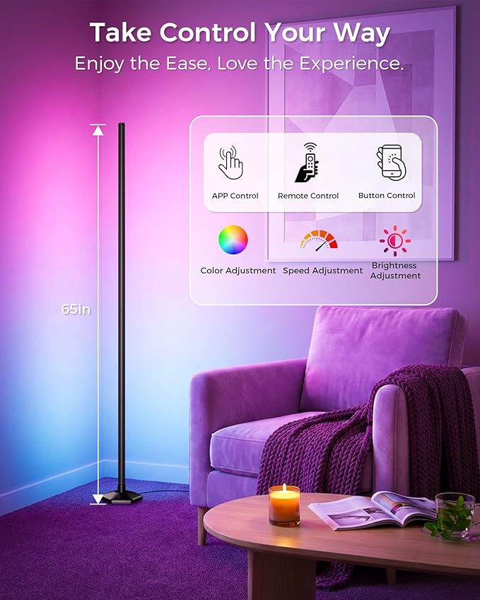 Corner Floor Lamp, 65" RGB Color Changing led Floor lamp with APP and Remote Control, Dimmable Mood Light Corner Light with Music Sync, DIY Mode & Timing for Living Room Gaming Room (2)