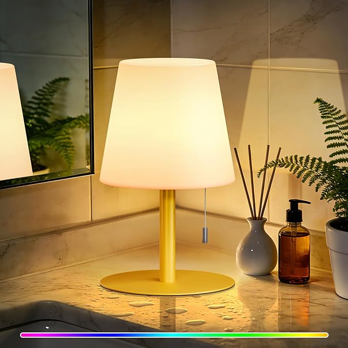 uuffoo Shower Lamp Waterproof Warm White & RGB Shower Light Dimmable LED Rechargeable Table Lamp Cordless Outdoor Lamps Portable for Indoor Outdoor Bathroom Home Patio H9.8in D6.3in (Gold)