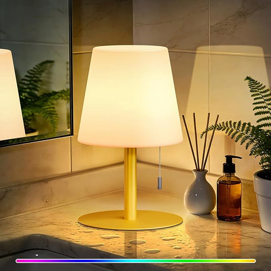 uuffoo Shower Lamp Waterproof Warm White & RGB Shower Light Dimmable LED Rechargeable Table Lamp Cordless Outdoor Lamps Portable for Indoor Outdoor Bathroom Home Patio H9.8in D6.3in (Gold)