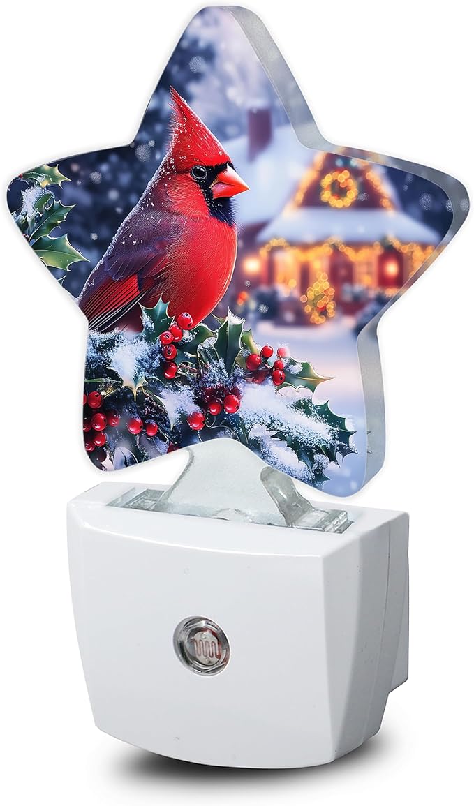 Winter Red Cardinal Dusk to Dawn Star Night Light,Christmas Tree Smart Sensor Nightlight for Bedroom Kitchen Hallway Stairs,Plug-in Energy Efficient Decor Desk Lamp Women Men Gifts